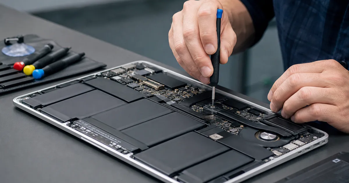 Técnico realizando manutenção em um notebook